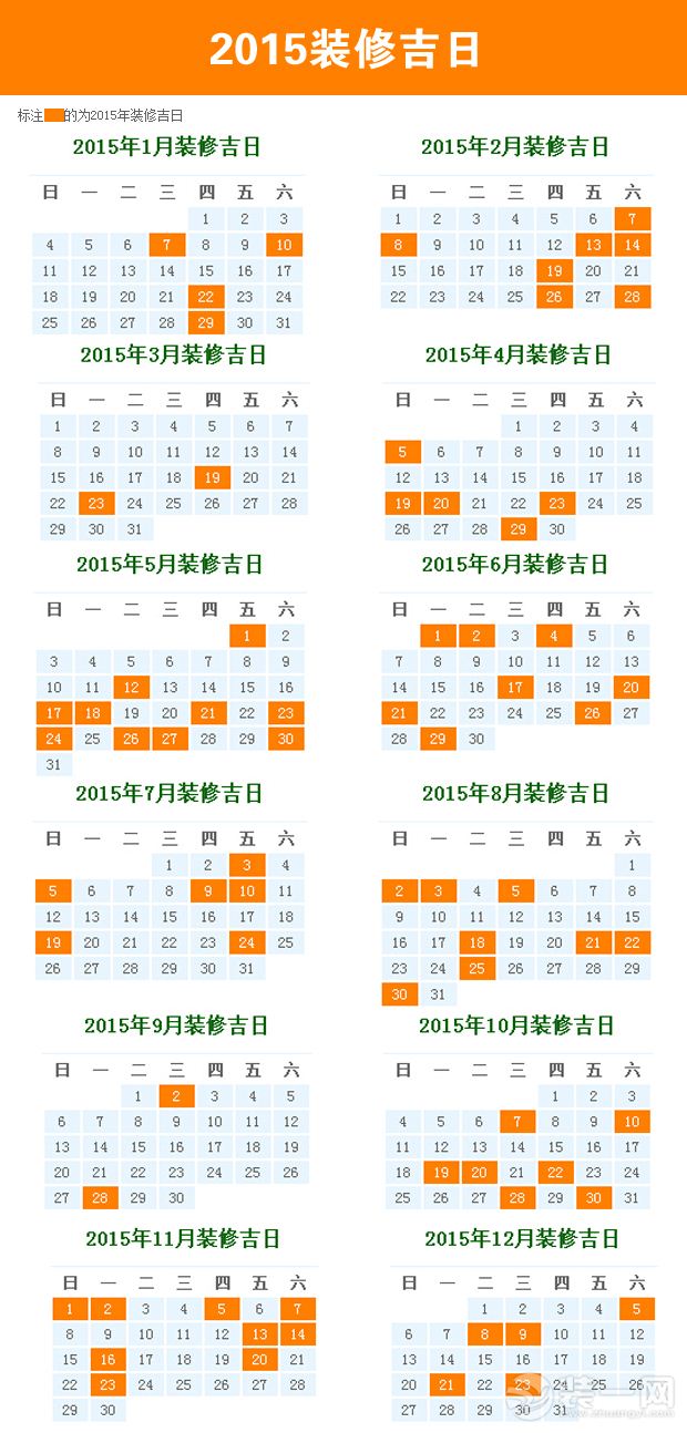 2015每月装修黄道吉日一览表